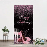 Lofaris Happy Birthday Rectangle Backdrop for Her Pink Glitter High Heels and Champagne Fabulous Women’s Party Photo Prop